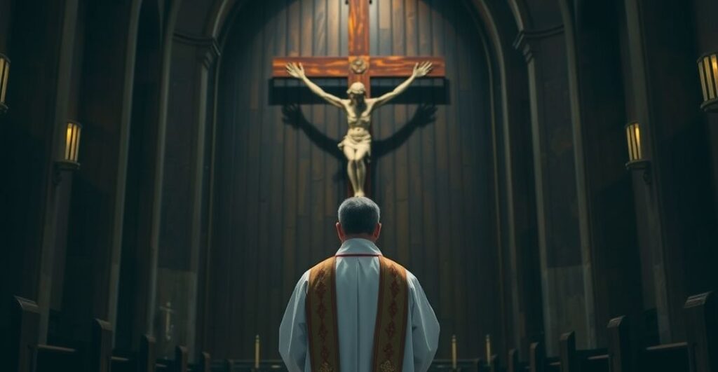 Ksiądz katolicki w vestmentach przed krucyfiksem w kościele, symbolizujący krytykę nowoczesnych zagrożeń i odrzucenie modernizmu