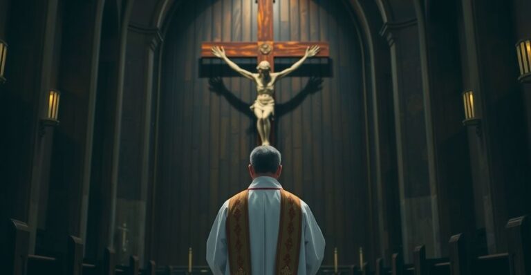 Ksiądz katolicki w vestmentach przed krucyfiksem w kościele, symbolizujący krytykę nowoczesnych zagrożeń i odrzucenie modernizmu