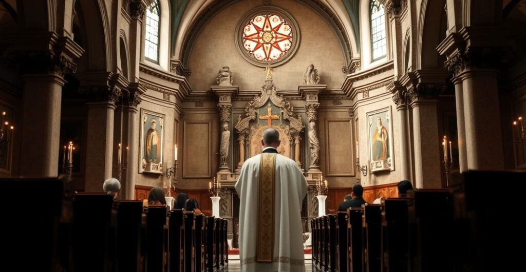 Sanktuarium katolickie z kapłanem modlącym się przed ołtarzem, symbolicznie odzwierciedlającym wierność tradycji i Magisterium Kościoła