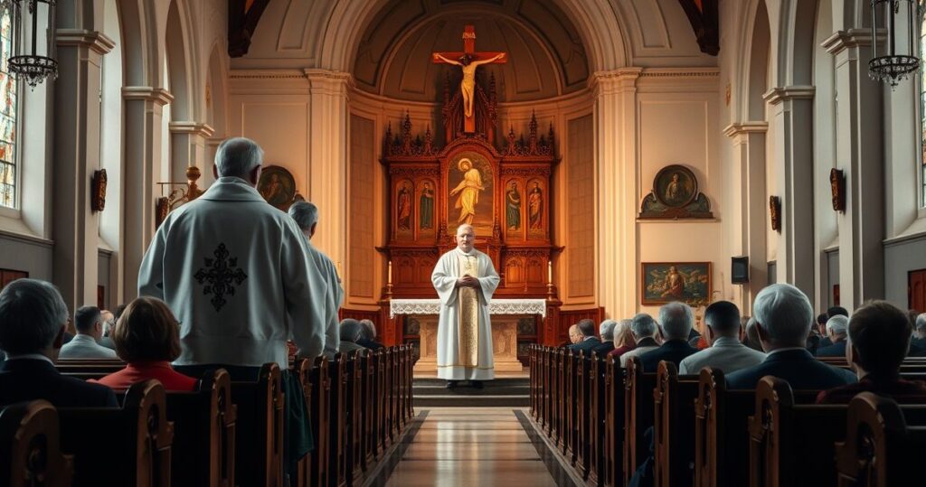 Realistyczne zdjęcie kościoła katolickiego z kapłanem podczas liturgii, w tradycyjnych szatach, skupione wierne, podkreślające wiarę i tradycję katolicką.