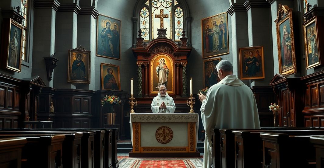 Tradycyjny katolicki obraz wnętrza kościoła z kapłanem modlącym się przed ołtarzem, odzwierciedlający wierność naukom Kościoła