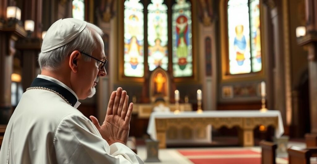 Reverent Catholic mężczyzna modlący się w kościele przy ołtarzu z wystawionym Najświętszym Sakramentem, ukazujący głęboki szacunek i wierność tradycji katolickiej