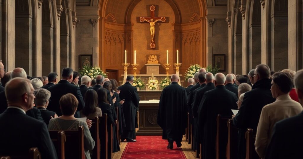 Fotografia realistycznego pogrzebu katolickiego z tradycyjnymi duchownymi, w skupionej, pełnej szacunku atmosferze liturgii, podkreślająca wagę modlitwy za dusze zmarłych