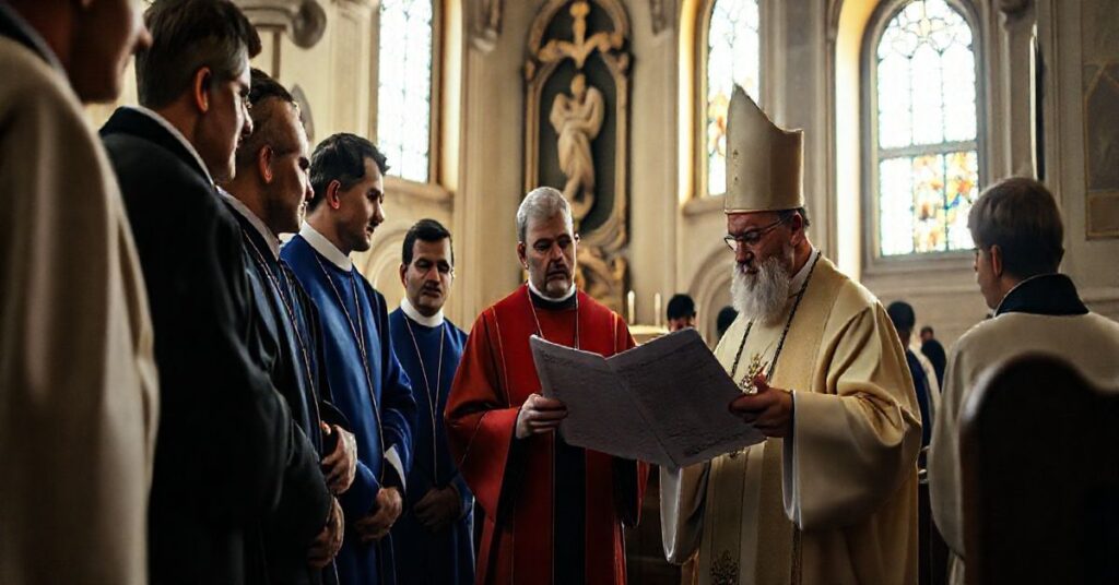 Sanktuarium katolickie z kapłanem czytającym dokument o ukraińskich dzieciach, wyraz powagi i moralnego zaangażowania