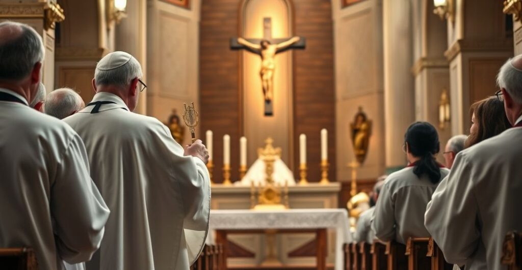 Realistyczne zdjęcie katolickiego kapłana odprawiającego Mszę świętą z Eucharystią w tradycyjnym kościele, podkreślające wierność naukom Kościoła katolickiego.