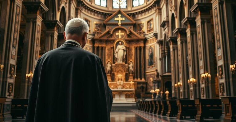 Kapłan katolicki w tradycyjnych szatach w świątyni, symbolizujący odwagę w obronie prawdziwej wiary przeciw ekumenicznym zdradom
