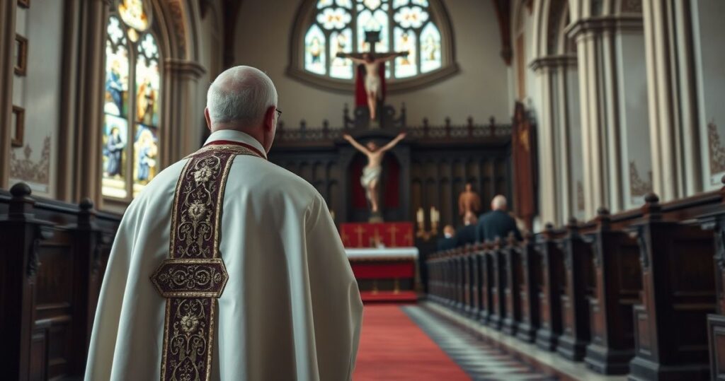 Kapłan katolicki w tradycyjnych szatach w kościele, wyraża sprzeciw wobec ideologii gender i ataku na dzieci, symbolizując moralną opiekę i sprzeciw od sedevacantistów