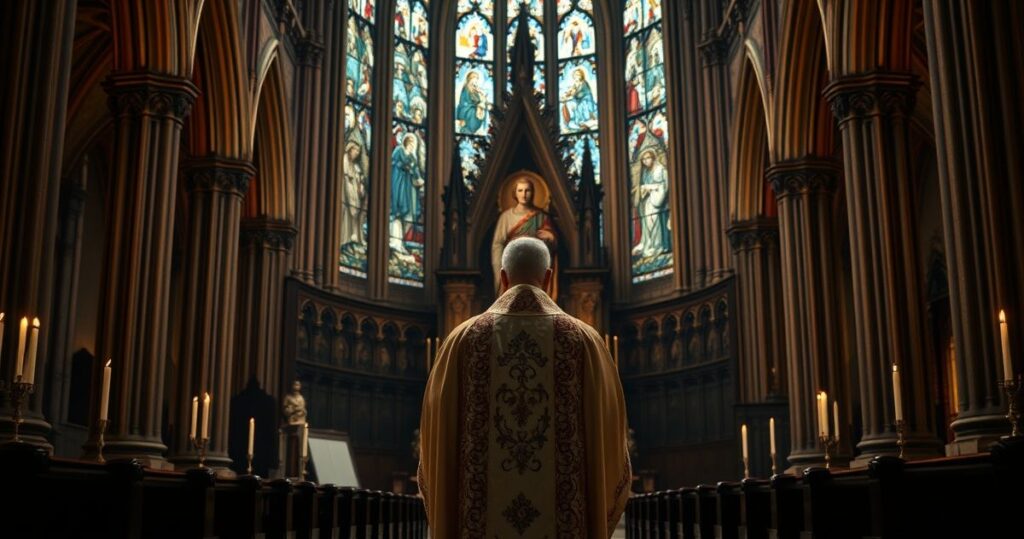 Rewersyjny obraz tradycyjnego katolickiego kościoła z kapłanem w liturgicznych szatach, refleksja nad kryzysem moralnym i zagrożeniami modernizmu