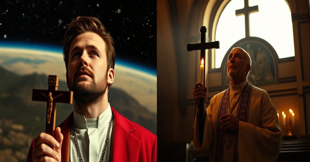 Obraz przedstawia aktora Ryana Goslinga w scenerii filmu 'Projekt Hail Mary' z tłem kosmicznym, kontrastujący z tradycyjnym kapłanem katolickim trzymającym krzyż w ciemnym kościele.