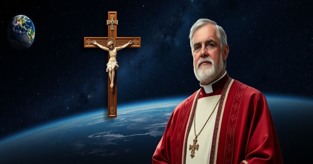 Kapłan w tradycyjnym strój liturgiczny przed kosmicznym tłem z Ziemią i galaktykami.