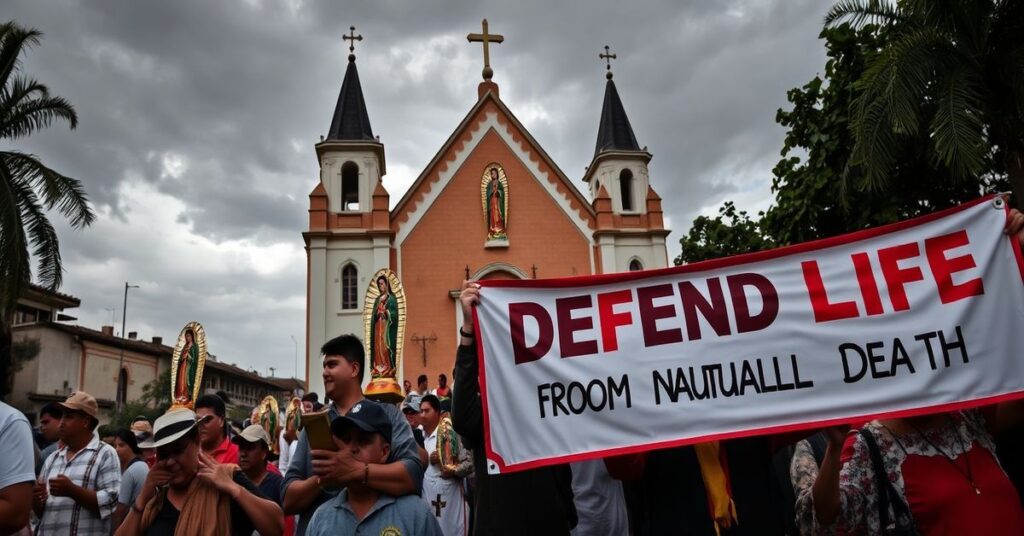 Pielgrzymka katolicka w Kostaryce z tradycyjnymi wiernymi noszącymi figury Matki Bożej z Guadalupe i transparentem "Obrońcy życia od poczęcia do naturalnej śmierci" przed kościołem.