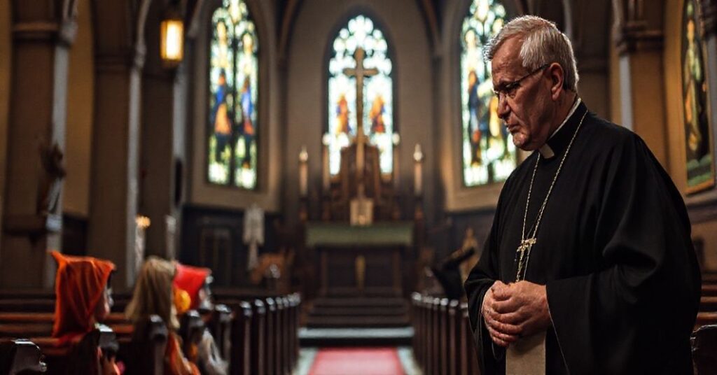 Ksiądz w tradycyjnym ornacie katolickim patrzy z niepokojem na dzieci w kostiumach halloweenowskich w kościele