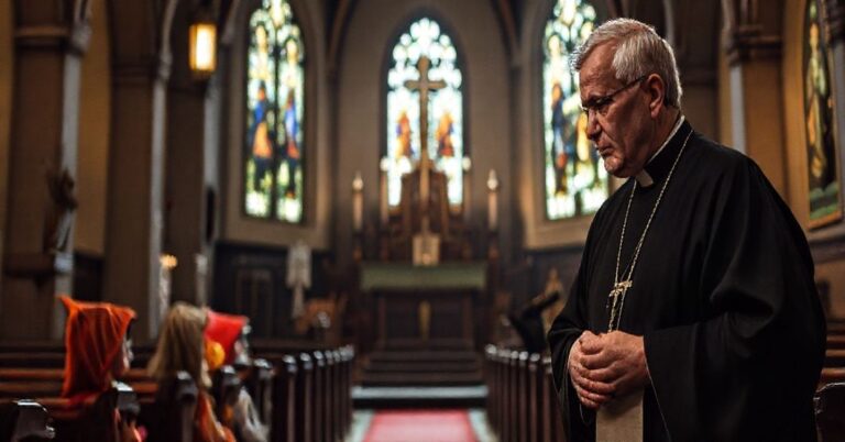 Ksiądz w tradycyjnym ornacie katolickim patrzy z niepokojem na dzieci w kostiumach halloweenowskich w kościele