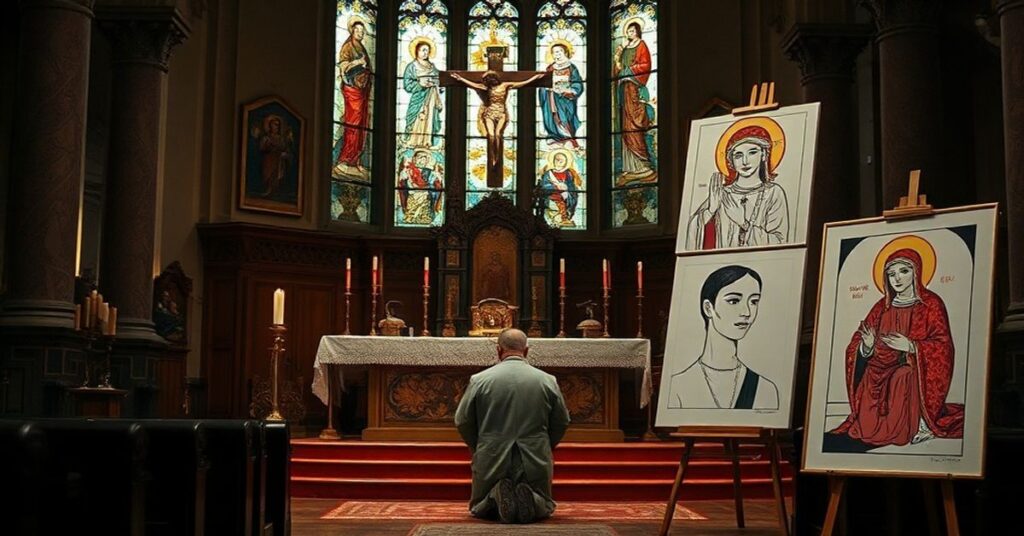 Tradycyjny ołtarz katolicki w kościele z klasyczną sztuką sakralną kontrastującą z nowoczesnymi rysunkami Bartosza Minkiewicza. Scena podkreśla walkę o czystość sztuki religijnej.