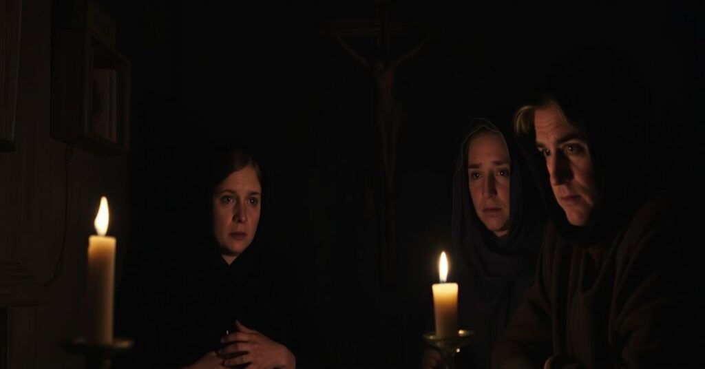 Tradycyjna katolicka scena przedstawiająca rodzinę w ciemnym wnętrzu z pojedynczym światłem świecy. Twarze wyrażają głęboki smutek i refleksję nad tragedią.