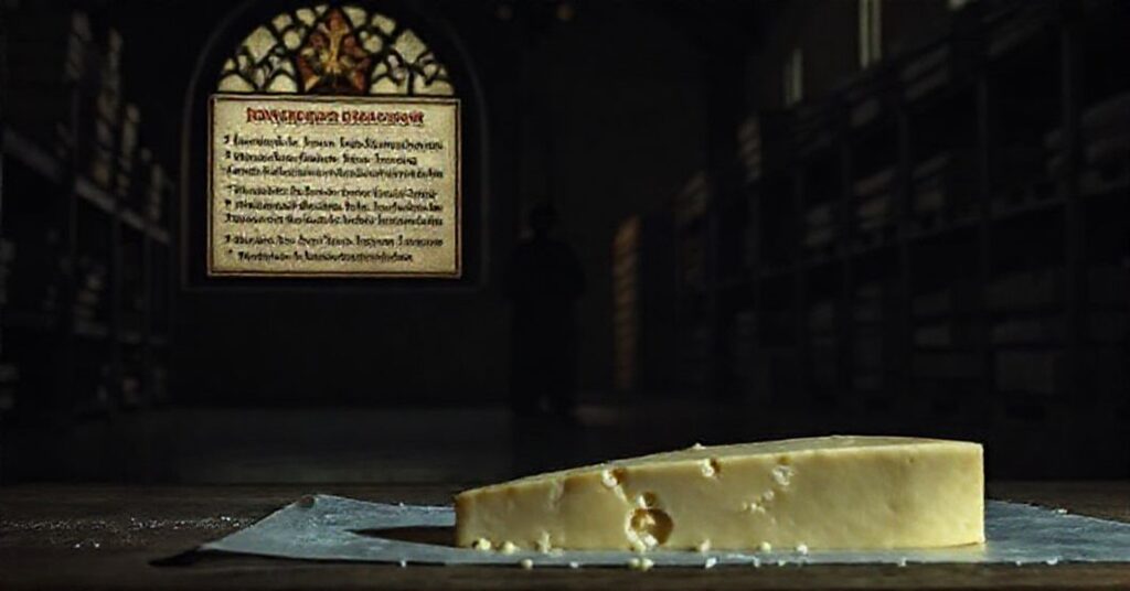 Ciemna scena kradzieży sera parmezanowego w magazynie z widocznym oknem kościelnym z Dekalogiem na tle