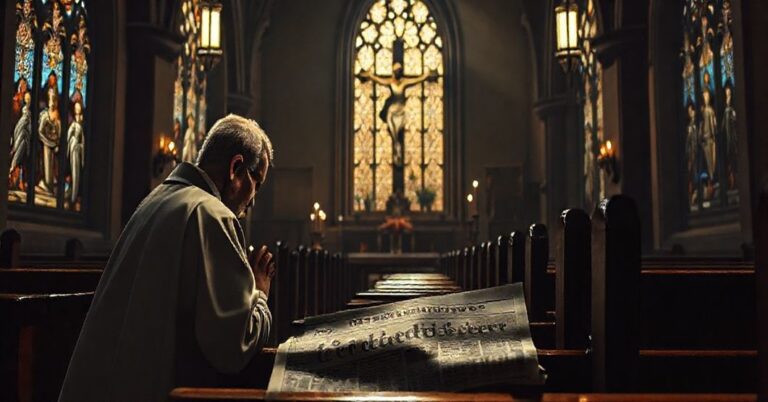 Sobór katolicki z wiernym modlącym się przed krzyżem, na tle gazety o kradzieży z Luwru