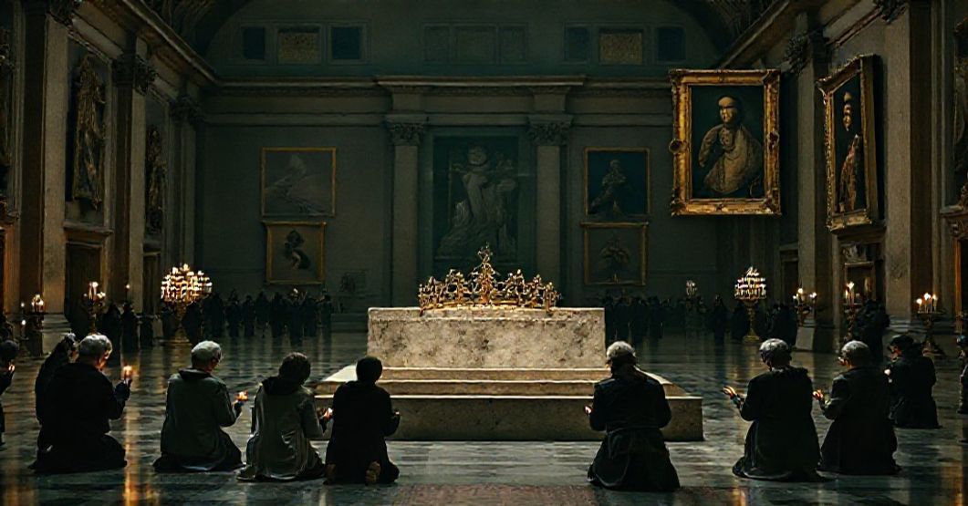 Wizerunek pustego piedestału w Luwrze, kiedyś trzymał koronę cesarzowej Eugenie. Tło przedstawia grandiosność muzeum z blaknącymi dziełami sztuki religijnej w oddali. Grupa tradycyjnych katolików modli się przed piedestałem przy świetle świec.