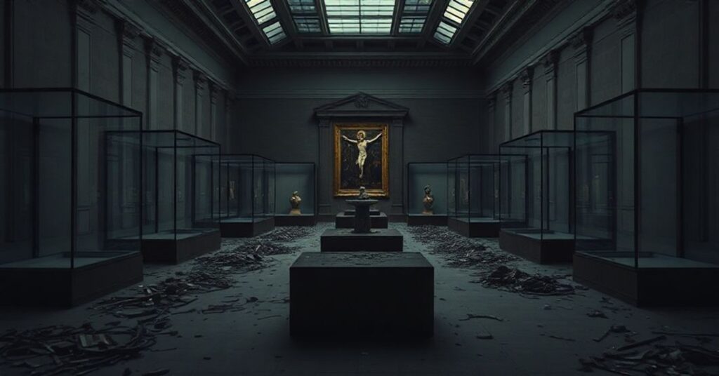 Zniszczenie Galerii Apollina w Luwrze po kradzieży dziewięciu cennych artefaktów.