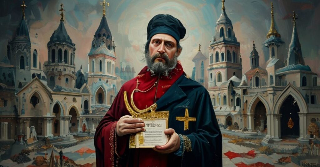 Pogląd na "kardynała" Konrada Krajewskiego podczas odbierania odznaczenia od prezydenta Ukrainy Wołodymyra Zełenskiego, symbolizujący redukcję misji Kościoła do działalności humanitarnej.