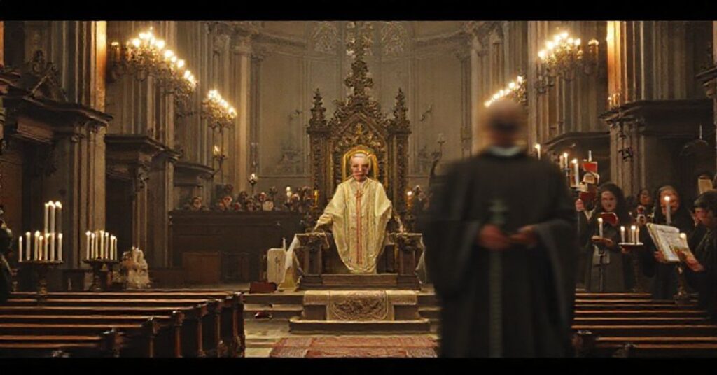 Obraz zabytkowego kościoła w Krakowie z pustym tronem biskupa i protestujących katolików.