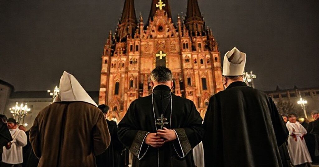 Scena katolicka w Krakowie przedstawiająca konflikt między tradycyjną wiarą a modernistowską apostazją przed Wawel Catedrą