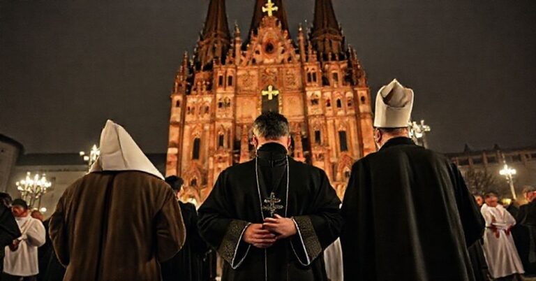 Scena katolicka w Krakowie przedstawiająca konflikt między tradycyjną wiarą a modernistowską apostazją przed Wawel Catedrą