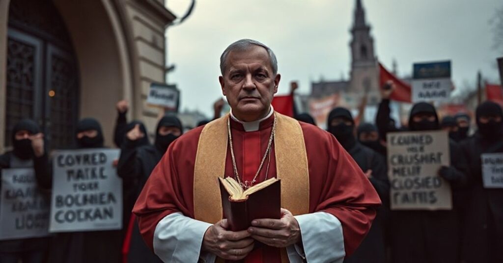 Krakowski biskup katolicki w tradycyjnym stroju liturgicznym stoi przed zamkniętą instytucją kulturalną w cieniu protestujących aktywistów