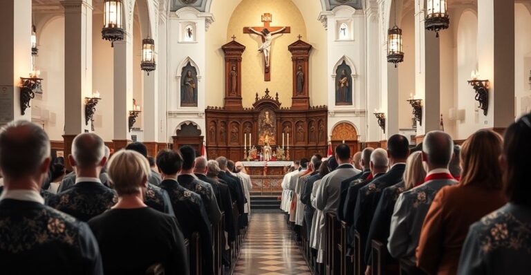 Obraz wnętrza katolickiego kościoła w Krakowie podczas liturgii, ukazujący wiernych w modlitewnym skupieniu przy ołtarzu