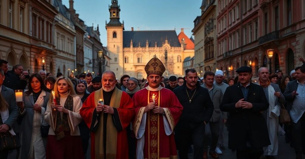 Katolicka procesja w Krakowie przed tłem metra - symbol walki tradycji z nowoczesnością