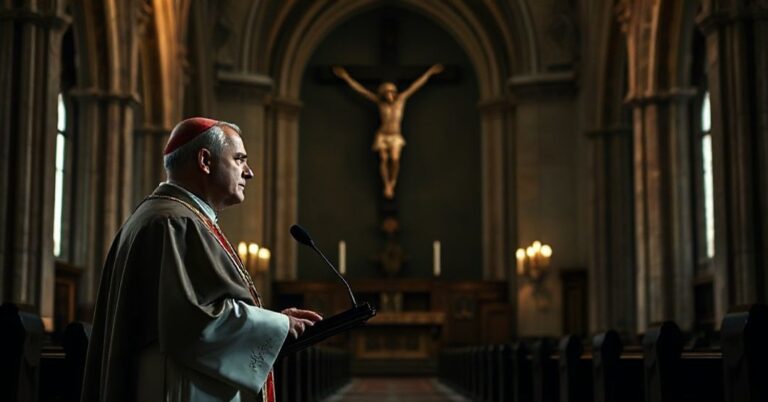 Zdjęcie przedstawiająca nowego metropolity krakowskiego Grzegorza Rysia w gotyckiej katedrze w Krakowie podczas jego przemówienia inauguracyjnego. Scena podkreśla krytykę jego posoborowych zmian i brak tradycyjnych wartości katolickich.
