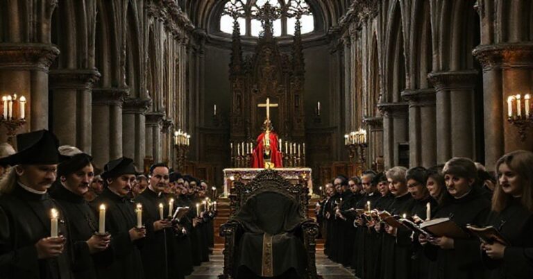 Pusty tron św. Stanisława w krakowskiej katedrze Mariackiej z demonstrującym zgrupowaniem tradycyjnych katolików w tle modernistycznymi episkopalnymi apostatami