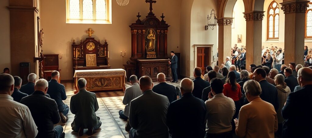 Grupa wiernych modli się w klasztorze paulinów w Krakowie podczas Mszy Świętej, kontrastując z tłumnym koncertem gospel na dziedzińcu