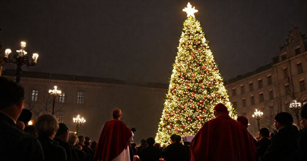 Uroczystość rozświetlenia choinki pod Oknem Papieskim w Krakowie z udziałem "kardynała" Grzegorza Rysia