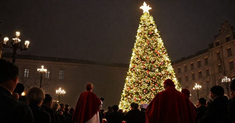 Uroczystość rozświetlenia choinki pod Oknem Papieskim w Krakowie z udziałem "kardynała" Grzegorza Rysia