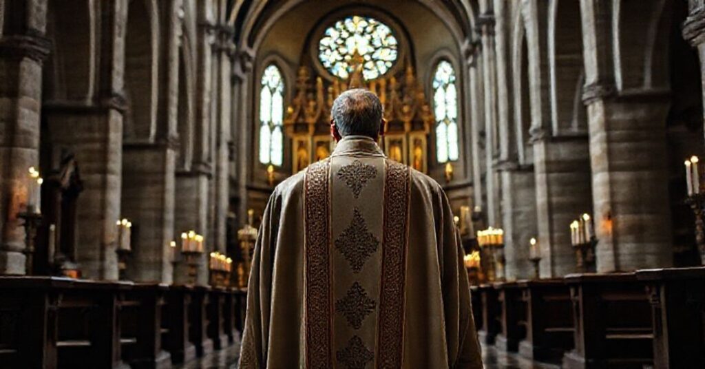 Wnętrze krakowskiej katedry św. Stanisława z ołtarzem główym i tradycyjnymi elementami liturgicznymi.
