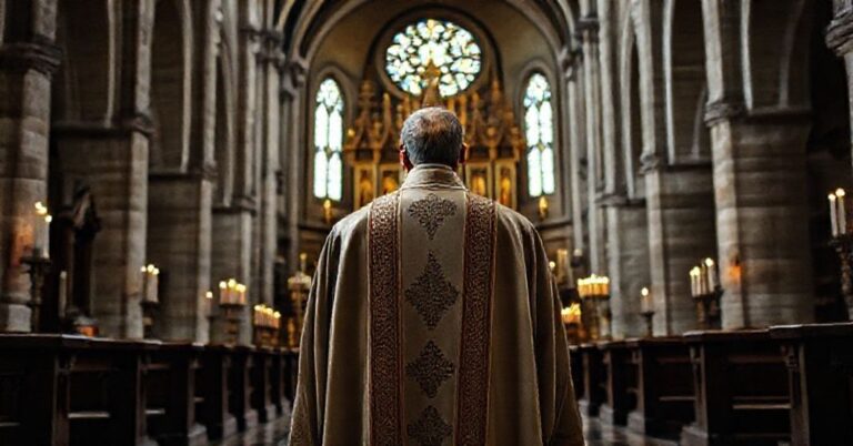 Wnętrze krakowskiej katedry św. Stanisława z ołtarzem główym i tradycyjnymi elementami liturgicznymi.