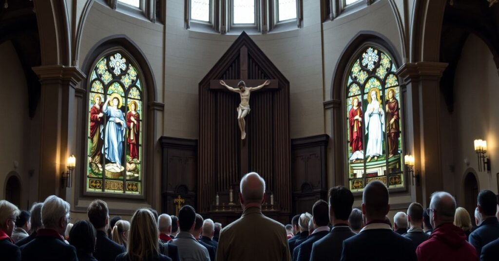 Scena z rekolekcji akademickich wygłoszona przez Grzegorza Rysia w kolegiacie św. Anny w Krakowie, przedstawiająca grupę studentów w tradycyjnych strojach katolickich przed krucyfiksem i witrażem z uzdrowieniem paralityka przy sadzawce Betesda.