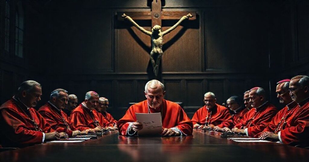 Zbiorowa fotografia biskupów w tradycyjnych szatach liturgicznych podczas spotkania Komisji ds. Ochrony Małoletnich w Krakowie.