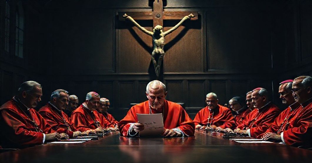 Krakowska Komisja ds. Ochrony Małoletnich - maskarada teologiczna Zbiorowa fotografia biskupów w tradycyjnych szatach liturgicznych podczas spotkania Komisji ds. Ochrony Małoletnich w Krakowie.