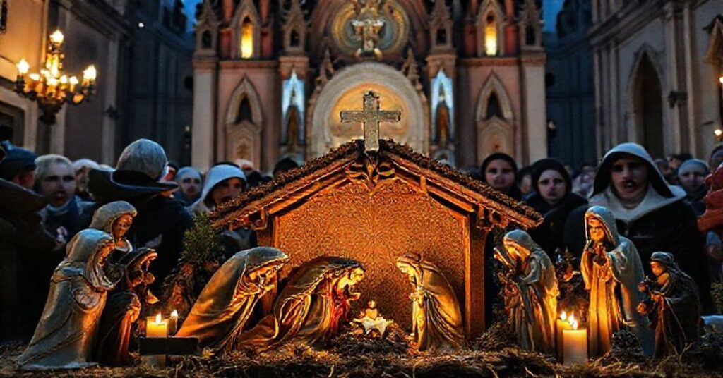 Tradycyjna krakowska szopka przed kościołem Mariackim w Krakowie z postaciami Chrystusa Króla i Matki Boskiej