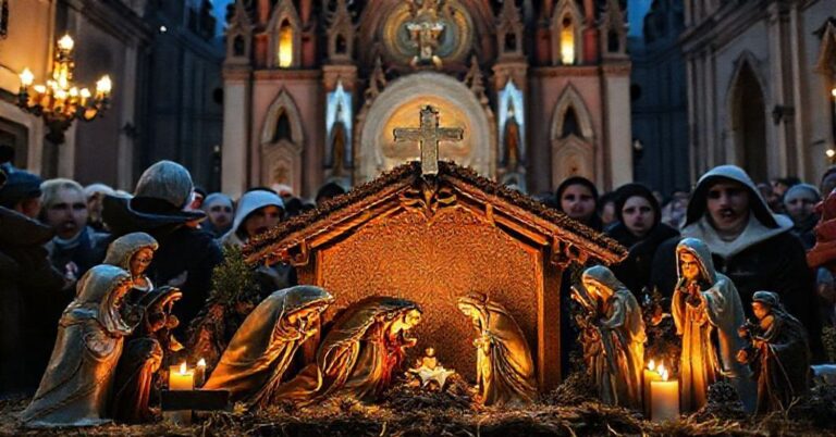 Tradycyjna krakowska szopka przed kościołem Mariackim w Krakowie z postaciami Chrystusa Króla i Matki Boskiej