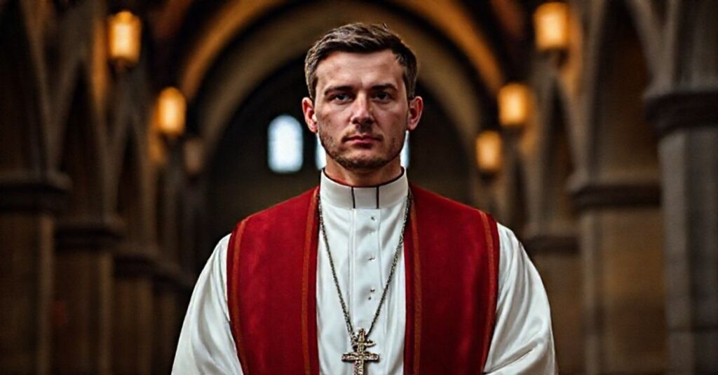 Portret ks. Łukasza Jachymiaka w tradycyjnych szatach kapłańskich przed tłem Wawelu.