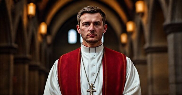 Portret ks. Łukasza Jachymiaka w tradycyjnych szatach kapłańskich przed tłem Wawelu.