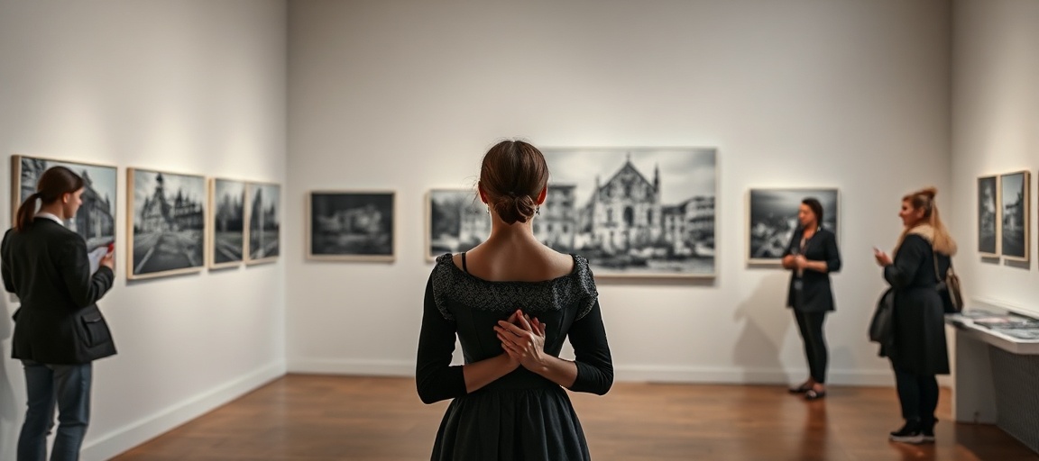 Powściągliwa wnętrze galerii Bunkier Sztuki w Krakowie podczas wystawy „Możliwe Ułożenie”, prezentujące czarno-białe fotografie symbolizujące Europę bez Chrystusa. Młoda kobieta w tradycyjnym stroju modli się przed zdjęciem zrujnowanej katedry.