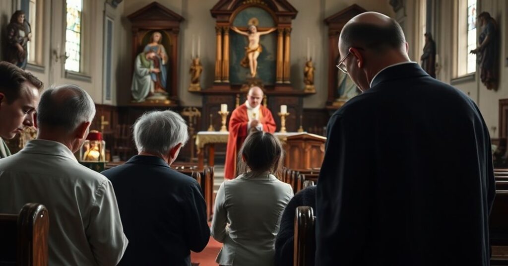 Tradycyjna katolicka rodzina modli się w kościele w Krakowie podczas seminaru z udziałem abpa Marka Jędraszewskiego.