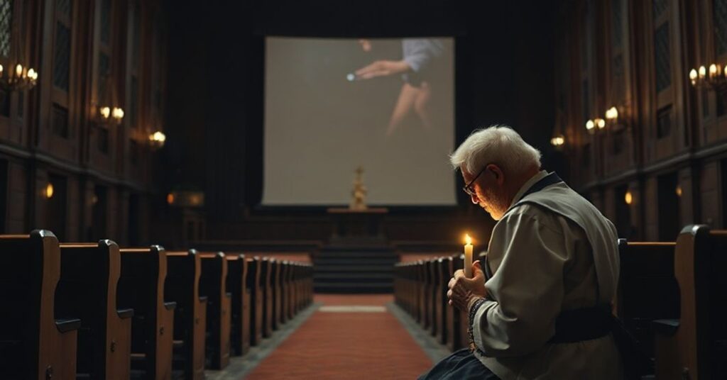 Solemne wnętrze kościoła z tradycyjnym ołtarzem symbolizuje pustkę duchową i próżność ludzi