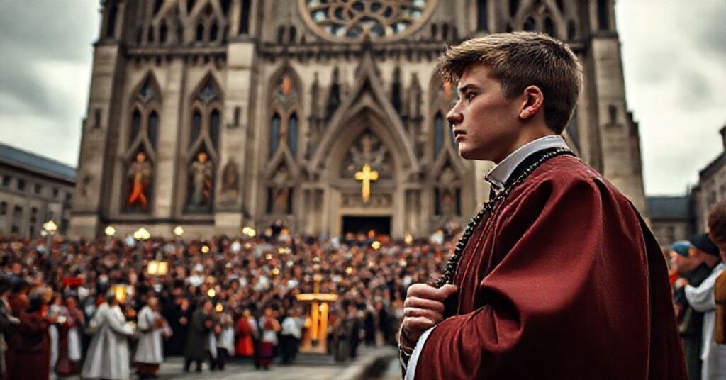 Młody katolik z modlitewnikiem obserwuje z rozczarowaniem nowoczesne zabawki podczas tradycyjnych obrzędów w Krakowie.