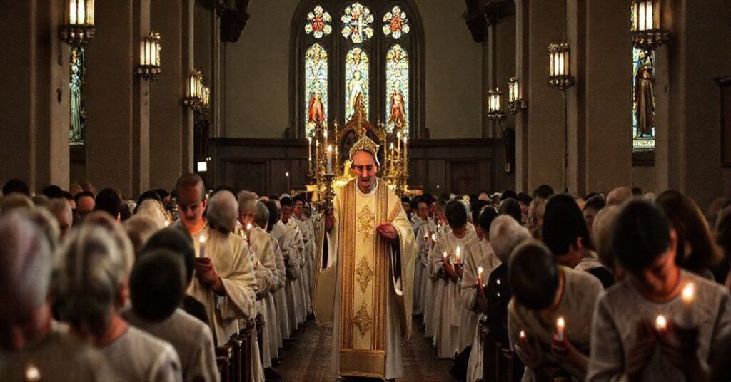 Pochód religijny w Krasnym Borze z Najświętszym Sakramentem, tradycyjna katolicka pobożność, wierni modlący się, kościół z witrażami, ambona, kapłan w ornaty, tradycyjna liturgia.