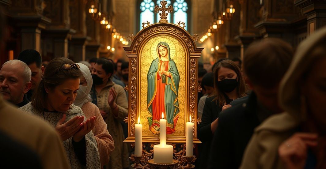 Poczet wiernych podczas uroczystości w Krasnym Borze, ukazujący tradycyjną ikonę Matki Bożej otoczoną modlącymi się wiernymi, z akcentem na zapomnianym Królestwie Chrystusa.